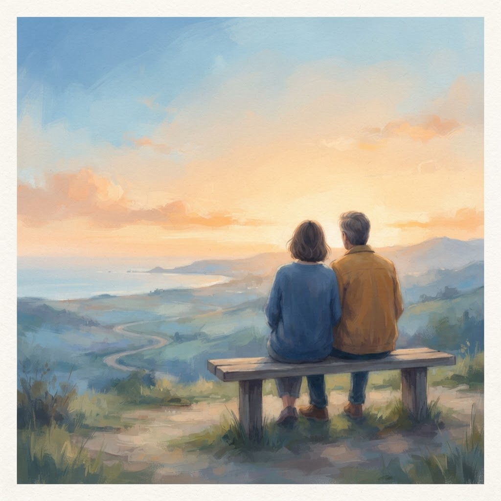 Two people sit close together on a bench, looking out over a calm valley at dusk.